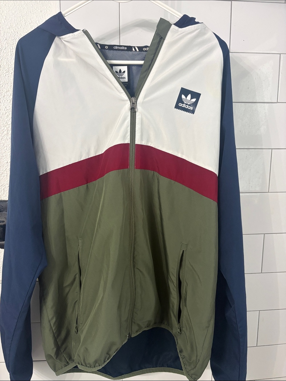 adidas Men’s Olive, Navy & White Colorblock Windbreaker with Maroon Accent